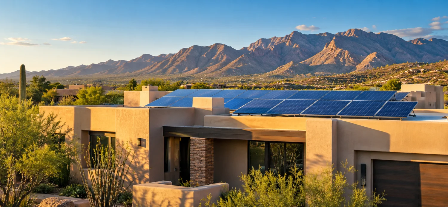 Illustrative solar panels on an Arizona home with desert mountains in the background