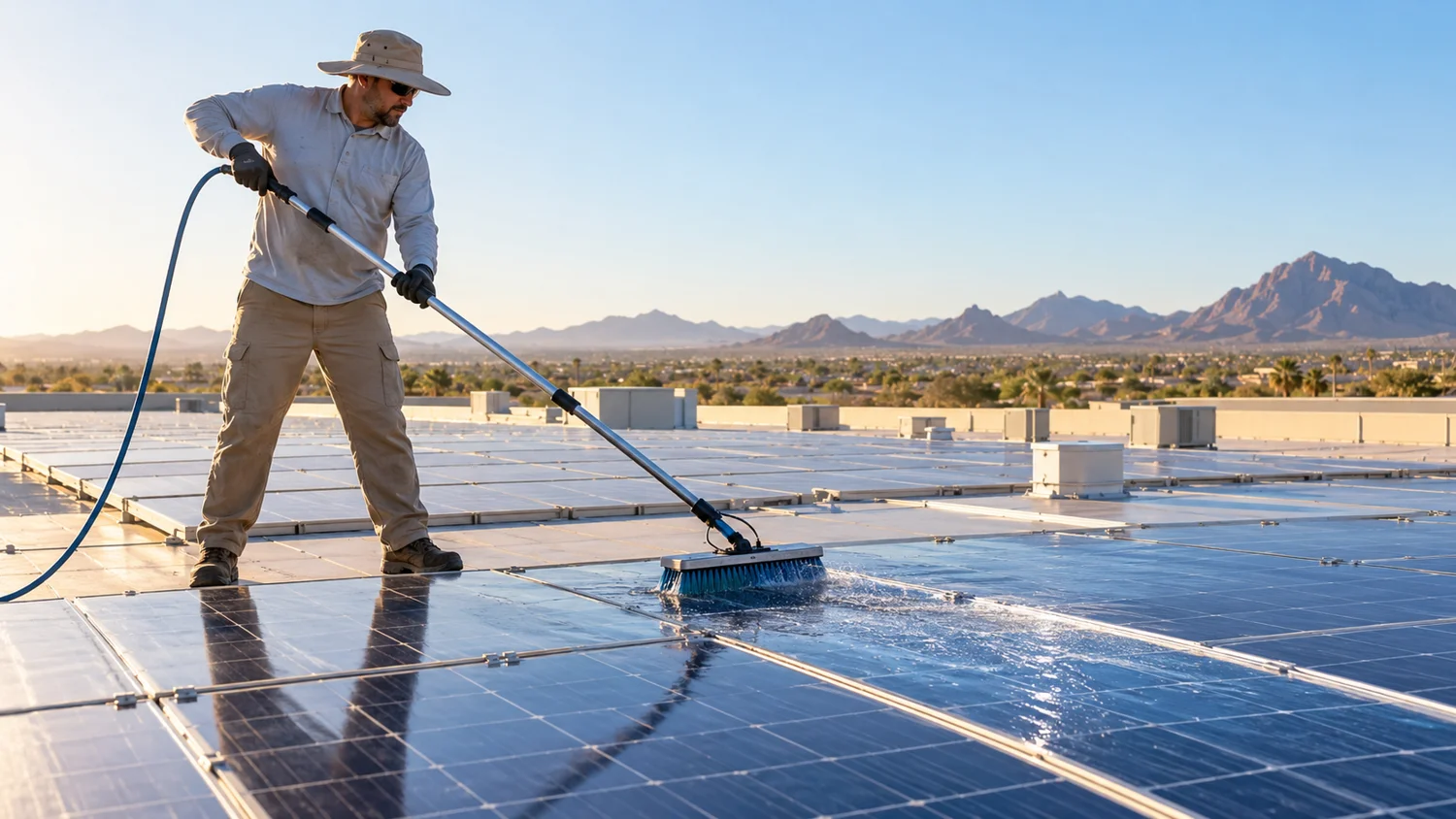 Illustrative technician cleaning rooftop solar panels