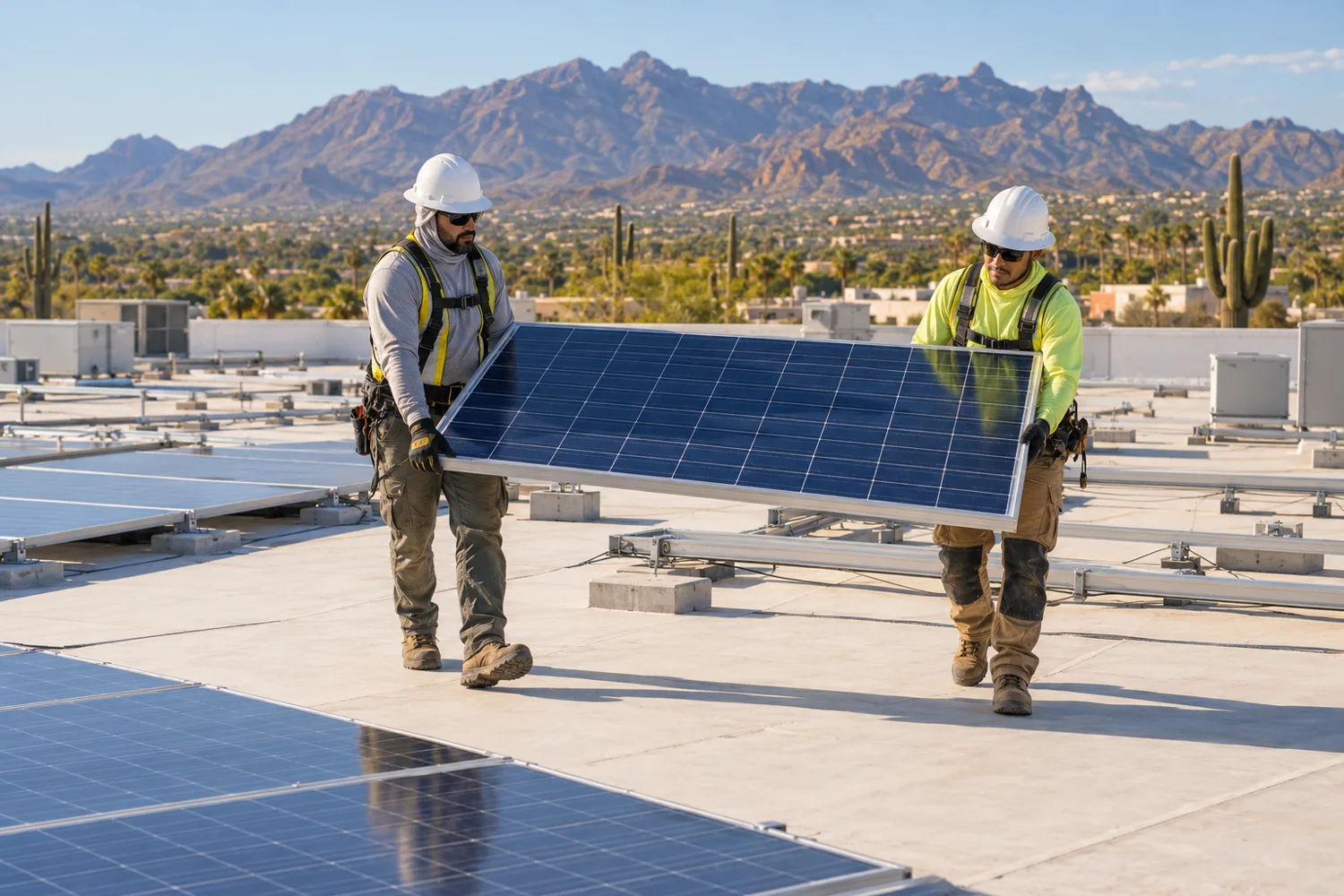 Illustrative technicians handling a solar panel on a rooftop