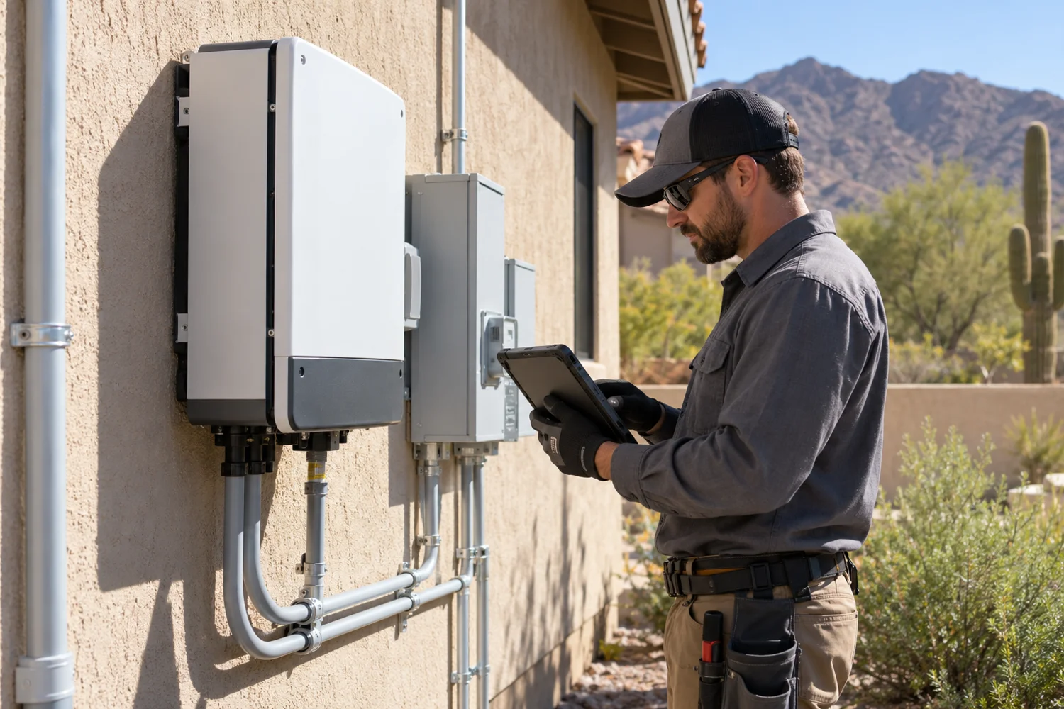 Illustrative solar technician inspecting a residential inverter